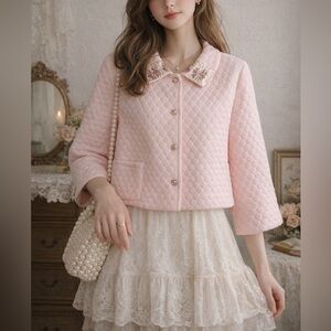 Vintage Millay Pink Quilted Jacket Floral Embroidered Collar Size M